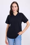 Kadın Slim Fit Dar Kesim Pamuklu Yumuşak Dokulu Likralı Esnek Kumaş Düz Basic Siyah V Yaka Tişört