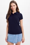 Kadın Slim Fit Dar Kesim %100 Pamuk Polo Yaka Lacivert Pike Tişört 