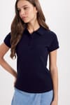 Kadın Slim Fit Dar Kesim %100 Pamuk Polo Yaka Lacivert Pike Tişört 