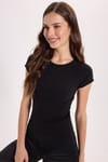 Kadın Slim Fit Dar Kesim Bisiklet Yaka Reglan Kol %100 Pamuk Siyah Tişört Bluz