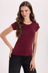 Kadın Slim Fit Dar Kesim Bisiklet Yaka Reglan Kol %100 Pamuk Bordo Tişört Bluz