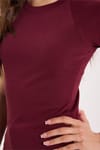 Kadın Slim Fit Dar Kesim Bisiklet Yaka Reglan Kol %100 Pamuk Bordo Tişört Bluz