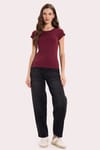 Kadın Slim Fit Dar Kesim Bisiklet Yaka Reglan Kol %100 Pamuk Bordo Tişört Bluz