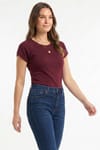 Slim Fit Dar Kesim Bisiklet Yaka Reglan Kol %100 Pamuk Bordo Tişört Bluz