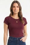 Slim Fit Dar Kesim Bisiklet Yaka Reglan Kol %100 Pamuk Bordo Tişört Bluz