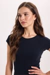 Kadın Slim Fit Dar Kesim Bisiklet Yaka Reglan Kol %100 Pamuk Lacivert Tişört Bluz