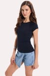 Kadın Slim Fit Dar Kesim Bisiklet Yaka Reglan Kol %100 Pamuk Lacivert Tişört Bluz