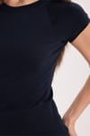 Kadın Slim Fit Dar Kesim Bisiklet Yaka Reglan Kol %100 Pamuk Lacivert Tişört Bluz