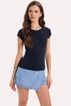 Kadın Slim Fit Dar Kesim Bisiklet Yaka Reglan Kol %100 Pamuk Lacivert Tişört Bluz