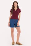 Kadın Slim Fit Dar Kesim Pamuklu Kısa Kollu Bordo Polo Yaka Tişört