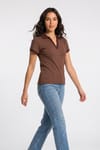 Kadın Slim Fit Dar Kesim Pamuklu Kısa Kollu Kahverengi Polo Yaka Tişört