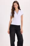 Kadın Slim Fit Dar Kesim Pamuklu Polo Yaka Kısa Kollu Beyaz Tişört