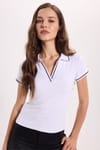 Kadın Slim Fit Dar Kesim Pamuklu Polo Yaka Kısa Kollu Beyaz Tişört