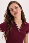 Kadın Slim Fit Dar Kesim Pamuklu Polo Yaka Kısa Kollu Bordo Tişört