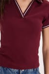 Kadın Slim Fit Dar Kesim Pamuklu Polo Yaka Kısa Kollu Bordo Tişört