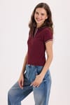 Kadın Slim Fit Dar Kesim Pamuklu Polo Yaka Kısa Kollu Bordo Tişört
