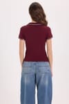 Kadın Slim Fit Dar Kesim Pamuklu Polo Yaka Kısa Kollu Bordo Tişört