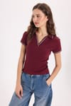 Kadın Slim Fit Dar Kesim Pamuklu Polo Yaka Kısa Kollu Bordo Tişört