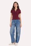 Kadın Slim Fit Dar Kesim Pamuklu Polo Yaka Kısa Kollu Bordo Tişört