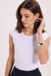 Kadın Slim Fit Dar Kesim Pamuklu Likralı Bisiklet Yaka Ay Kol Beyaz Tişört