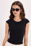 Kadın Slim Fit Dar Kesim Pamuklu Likralı Bisiklet Yaka Ay Kol Siyah Tişört