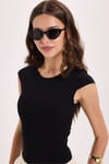Kadın Slim Fit Dar Kesim Pamuklu Likralı Bisiklet Yaka Ay Kol Siyah Tişört