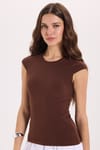 Kadın Slim Fit Dar Kesim Pamuklu Likralı Bisiklet Yaka Ay Kol Kahverengi Tişört