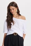 Kadın Slim Fit Dar Kesim %100 Pamuk Kayık Yaka Kısa Kollu Beyaz Tişört