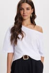 Kadın Slim Fit Dar Kesim %100 Pamuk Kayık Yaka Kısa Kollu Beyaz Tişört