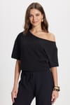 Kadın Slim Fit Dar Kesim %100 Pamuk Kayık Yaka Kısa Kollu Siyah Tişört