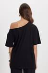 Kadın Slim Fit Dar Kesim %100 Pamuk Kayık Yaka Kısa Kollu Siyah Tişört