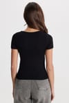 Kadın Slim Fit Dar Kesim Pamuklu Kare Yaka Kısa Kollu Siyah Tişört