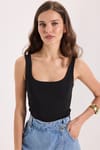 Kadın Slim Fit Dar Kesim Askılı Kare Yaka Sırtı Açık Sandy Kumaş Çıtçıtlı Siyah Body