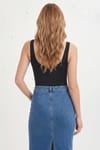 Kadın Slim Fit Dar Kesim Askılı Kare Yaka Sırtı Açık Sandy Kumaş Çıtçıtlı Siyah Body