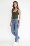 Kadın Slim Fit Dar Kesim Askılı Kare Yaka Sırtı Açık Sandy Kumaş Çıtçıtlı Yeşil Body