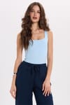 Kadın Slim Fit Dar Kesim Askılı Kare Yaka Sırtı Açık Sandy Kumaş Çıtçıtlı Mavi Body