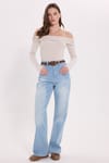 Kadın Slim Fit Dar Kesim Pamuklu Madonna Yaka Ultra Soft Ekru Bluz