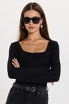 Kadın Slim Fit Dar Kesim Pamuklu Kare Yaka Ultra Soft Siyah Bluz
