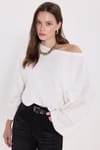 Kadın Relax Fit Rahat Kesim %100 Pamuk Kayık Yaka Yarasa Kol Ekru Bluz