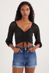 Kadın Slim Fit Dar Kesim Uzun Kollu Büzgülü Siyah Bluz