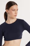 Kadın Slim Fit Modal Kumaş Pamuklu Bisiklet Yaka Lacivert Bluz