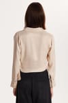 Kadın Slim Fit Dar Kesim Uzun Kollu Klasik Yaka Bağlama Detaylı Taş Rengi Saten Gömlek
