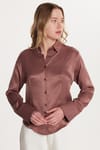 Kadın Slim Fit Dar Kesim Uzun Kollu Klasik Yaka Saten Gül Kurusu Gömlek