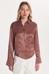 Kadın Slim Fit Dar Kesim Uzun Kollu Klasik Yaka Saten Gül Kurusu Gömlek