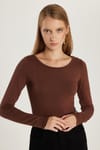 Kadın Slim Fit Dar Kesim Uzun Kollu Viskon Kahverengi Bluz