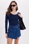 Kadın Slim Fit Dar Kesim Uzun Kollu Viskon Lacivert Bluz