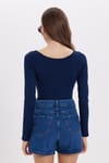 Kadın Slim Fit Dar Kesim Uzun Kollu Viskon Lacivert Bluz
