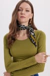 Kadın Slim Fit Dar Kesim Uzun Kollu Viskon Yeşil Bluz