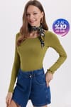 Kadın Slim Fit Dar Kesim Uzun Kollu Viskon Yeşil Bluz