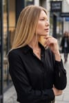 Kadın Slim Fit Dar Kesim Uzun Kollu Pamuklu Vücuda Oturan Dokulu Siyah Basic Gömlek